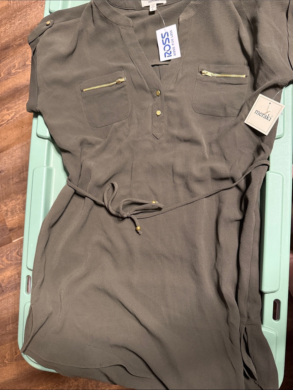 meraki olive utility shirt dress with gold zippers
